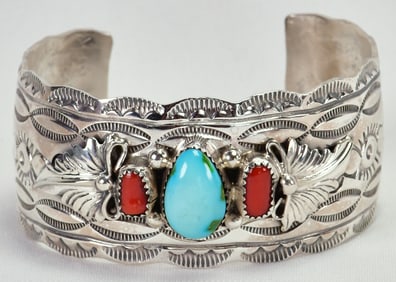 Mike Thomas, Jr. Sterling Silver Bracelet w/Turquoise & Coral