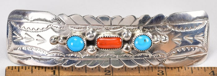 Navajo, Sterling Silver Kingman Turquoise & Coral Hair Barrette