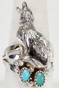 Robert Martinez Sterling Silver Howling Wolf Ring w/Turquoise -8,75
