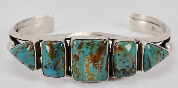 Native American Sterling Silver Pilot Mountain Turquoise 5 Stone Bracelet