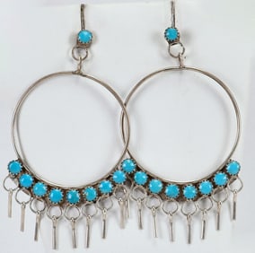 Vintage Navajo, Sterling Silver Nevada Turquoise Dangle Drop Hoop Earrings
