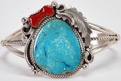 H. Begaye Sterling Silver Cyprus Sierrita Turquoise & Coral Cuff