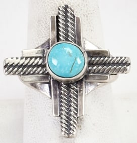 Native American Sterling Silver Zia Ring w/Turquoise - Size 9.25