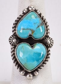 Robert Shakey Sterling Kingman Turquoise Double Heart Ring - Size 6.5