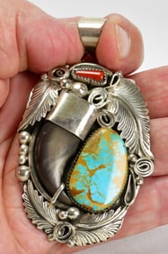 Mike Thomas, Jr. Sterling Silver Bear Claw Pendant w/Turquoise & Coral