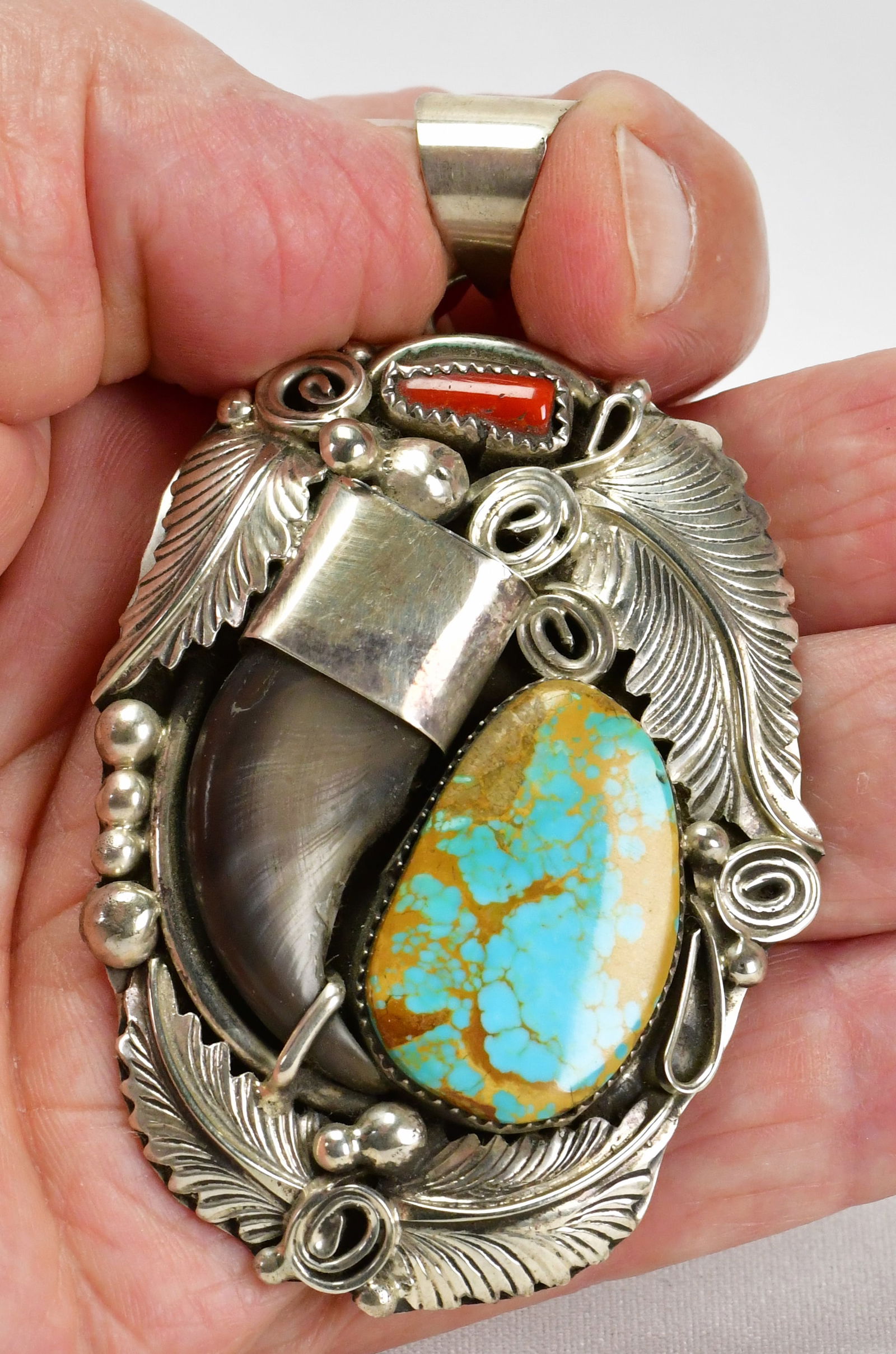 Mike Thomas, Jr. Sterling Silver Bear Claw Pendant w/Turquoise & Coral (1 of 5)