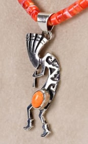 Native American Sterling Kokopelli Spiny Oyster Necklace