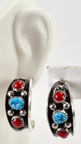 Paul Largo Sterling Silver Turquoise & Coral Half Hoop Earrings
