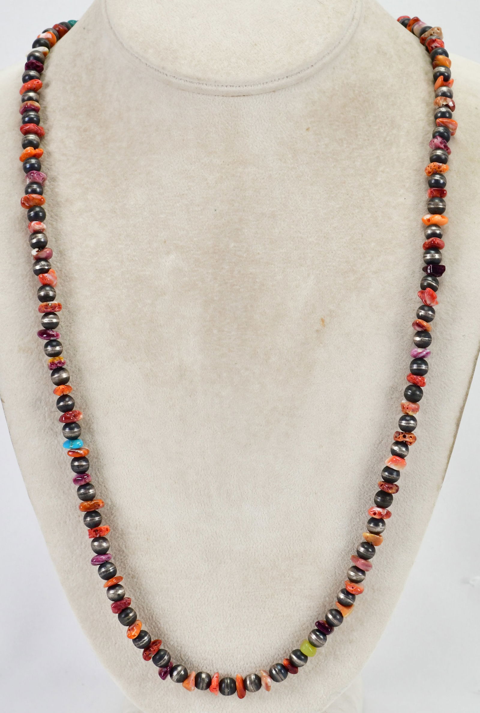 Native American Sterling Silver Spiny Oyster & Bench Bead Necklace: Sterling Silver| Native American Sterling Silver Spiny Oyster and Bench Bead Necklace| Genuine Spiny Oyster| Necklace measures 27+ inches in length| Has Chips of Natural Spiny Oyster and 5 mm. 2 part