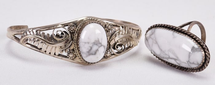 Vintage Navajo Sterling Block White Buffalo Turquoise Stacker Cuff and Ring