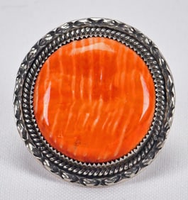 Navajo Sterling Silver Orange Spiny Oyster Ring - Size 9