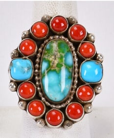 Roger Skeet Sterling Royston Turquoise & Mediterranean Coral Ring -Size 9