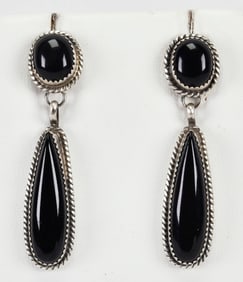 Native American, Freda Martinez Sterling Silver Onyx Tear Drop Earrings