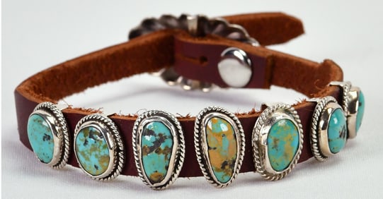 Navajo Sterling Silver Royston 7 Stone Bracelet on Leather Band