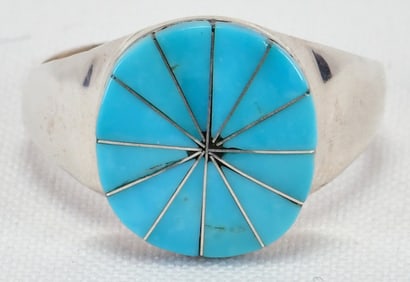 Native American Sterling Silver Genuine Turquoise Inlay Ring - Size 11
