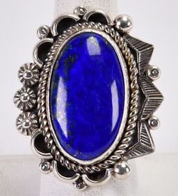 Navajo, Sterling Silver Lapis Lazuli Ring w/Ornate Frame - Size 8.5