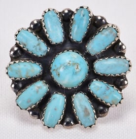 M. L. Perry, Sterling Silver Kingman Turquoise Flower Cluster Ring-Size 7.25