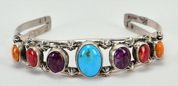 Native American Sterling Turquoise & Spiny Oyster Cuff Bracelet