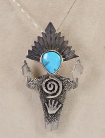 Tim Lewis Sterling Silver Kingman Turquoise Kachina Pin/Pendant Necklace