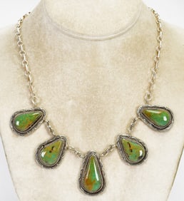 Julia Etsitty Sterling Silver Royston Turquoise 5 Stone Teardrop Necklace