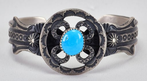 Kevin Billah Sterling Silver Sand Cast Bracelet w/Turquoise
