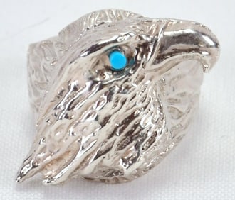 Navajo Sterling Silver Eagle Head Men's Ring w/Turquoise - Size 10