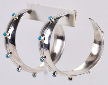 Shawn Yazzie Sterling Contemporary Large Hoop Earring w/Turquoise