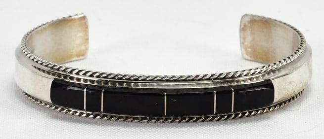 Navajo Sterling Silver Black Onyx Inlay Cuff Bracelet