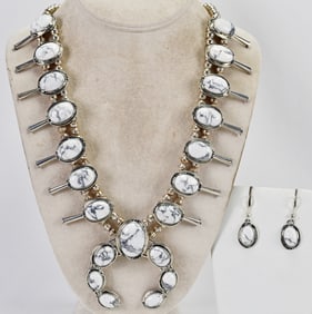 Phillip Yazzie Sterling Block White Buffalo Turquoise Squash Blossom Necklace Set