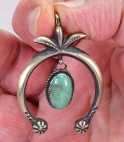 Native American Sterling Sand Cast Naja Pendant Necklace w/Turquoise