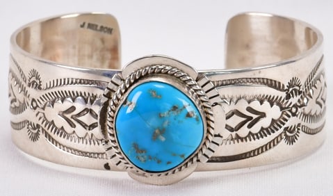 J. Nelson, Sterling Silver Pilot Mountain Turquoise Cuff Bracelet