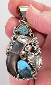 Mike Thomas, Jr. Sterling Silver Ornate Pendant w/Bear Claw & Turquoise