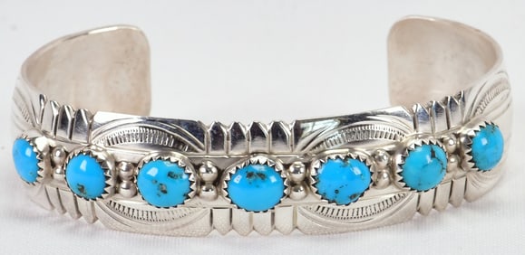 David Segar Sterling Silver Kingman Turquoise 7 Stone Cuff Bracelet