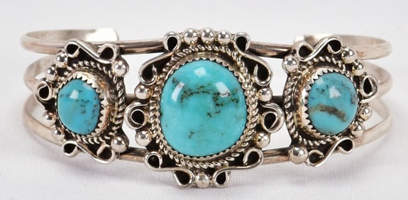 Navajo, D. Nez, Sterling Silver Pilot Mountain Turquoise Cuff Bracelet