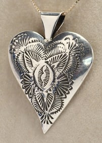 Native American Sterling Silver Puffy Heart Stamped Necklace