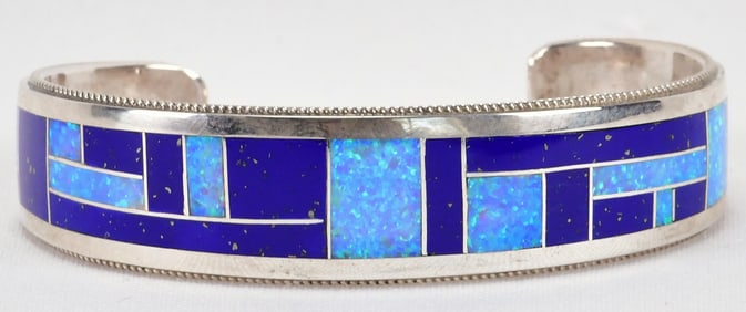 Navajo, Sterling Silver Lapis and Synthetic Opal Inlay Cuff Bracelet