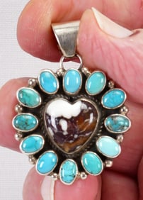Geraldine James Sterling White Buffalo and Kingman Turquoise Heart Pendant
