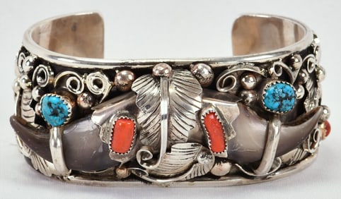 Native American Sterling Heavy Bear Claw Cuff w/Turquoise & Coral