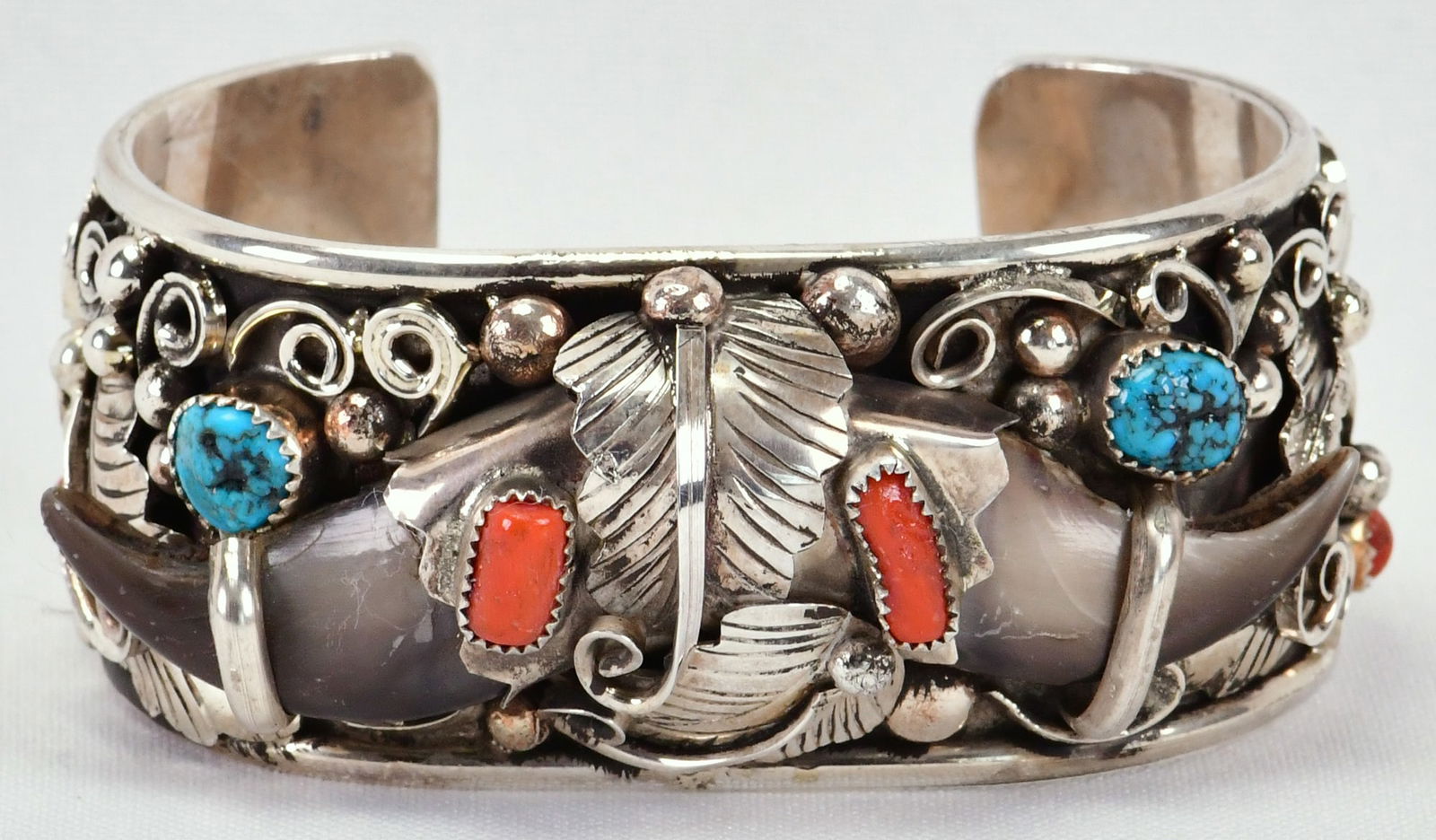 Native American Sterling Heavy Bear Claw Cuff w/Turquoise & Coral (1 of 5)