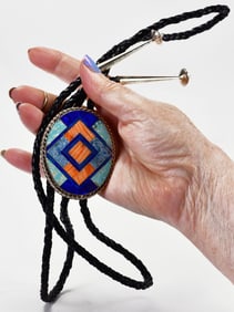 Curtis Manygoats Sterling Silver Multi-Stone Inlay Bolo Tie