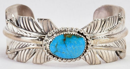 Mike Thomas, Jr. Sterling Silver Heavy Gauge Feather Cuff w/Kingman Turquoise