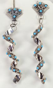 Zuni, Sterling Silver Sleeping Beauty Turquoise Long Spiral Earrings