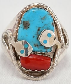 Effie Calavaza Sterling Silver Turquoise & Coral Men's Ring - Size 12.75