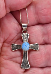 Native American Sterling Silver Cross Pendant Necklace w/Turquoise accent