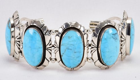 Native American Sterling Campitos Turquoise 5 Stone Cuff Bracelet
