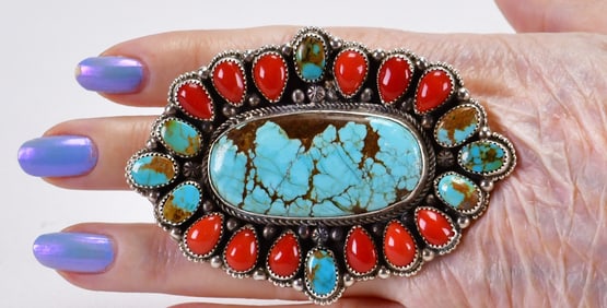 Navajo Sterling Huge Pilot Mountain Turquoise & Mediterranean Coral Ring - Size 11