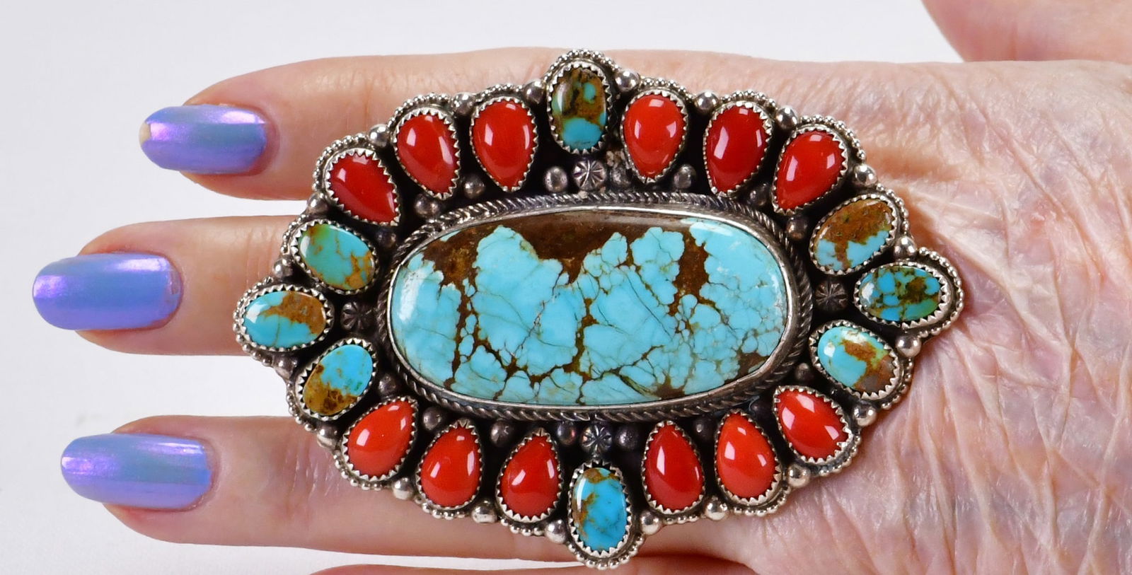 Navajo Sterling Huge Pilot Mountain Turquoise & Mediterranean Coral Ring - Size 11 (1 of 6)