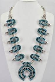 Navajo Sterling Silver Large Block Turquoise Squash Blossom Necklace