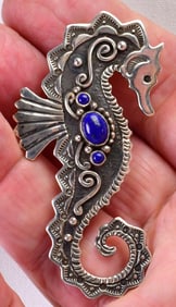 Navajo, Lee Charley, Sterling Silver Sea Horse Pin/Pendant w/Lapis