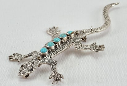 Lee Charley Sterling Lizard Pin/Pendant w/Kingman Turquise